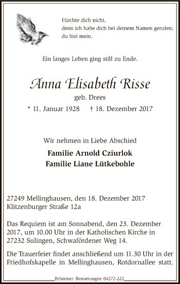 Traueranzeige von Anna Elisabeth Risse von SYK