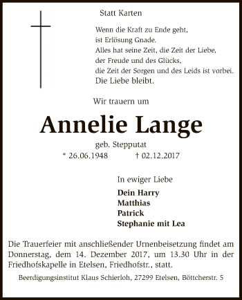 Traueranzeige von Annelie Lange von SYK