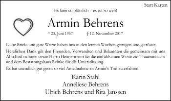 Traueranzeige von Armin Behrens von SYK