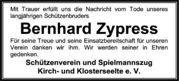 Traueranzeige von Bernhard Zypress von SYK