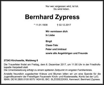 Traueranzeige von Bernhard Zypress von SYK