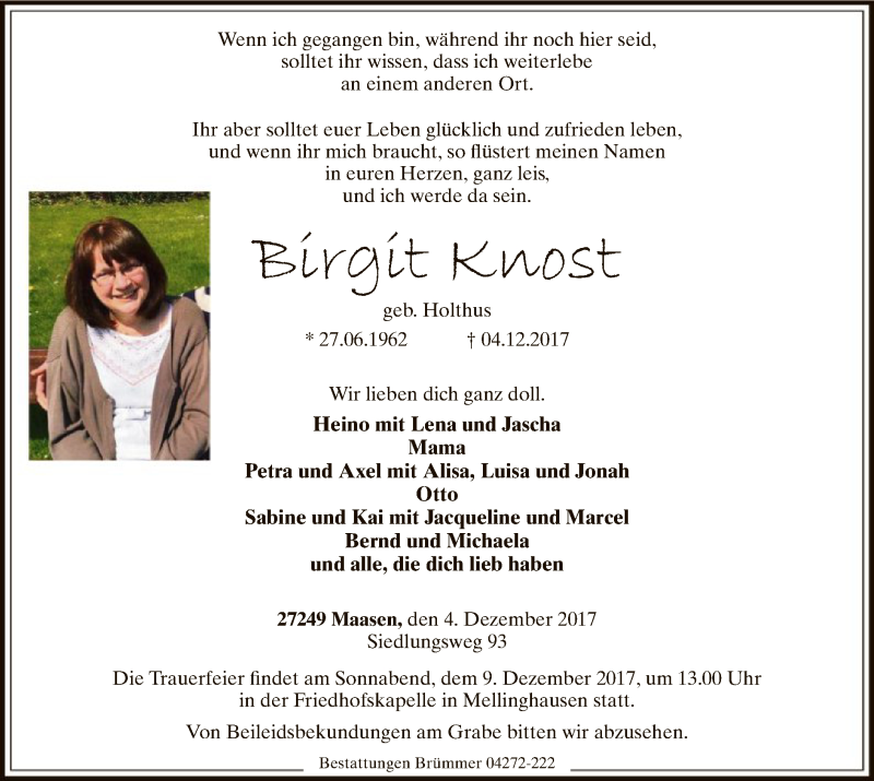  Traueranzeige für Birgit Knost vom 06.12.2017 aus SYK