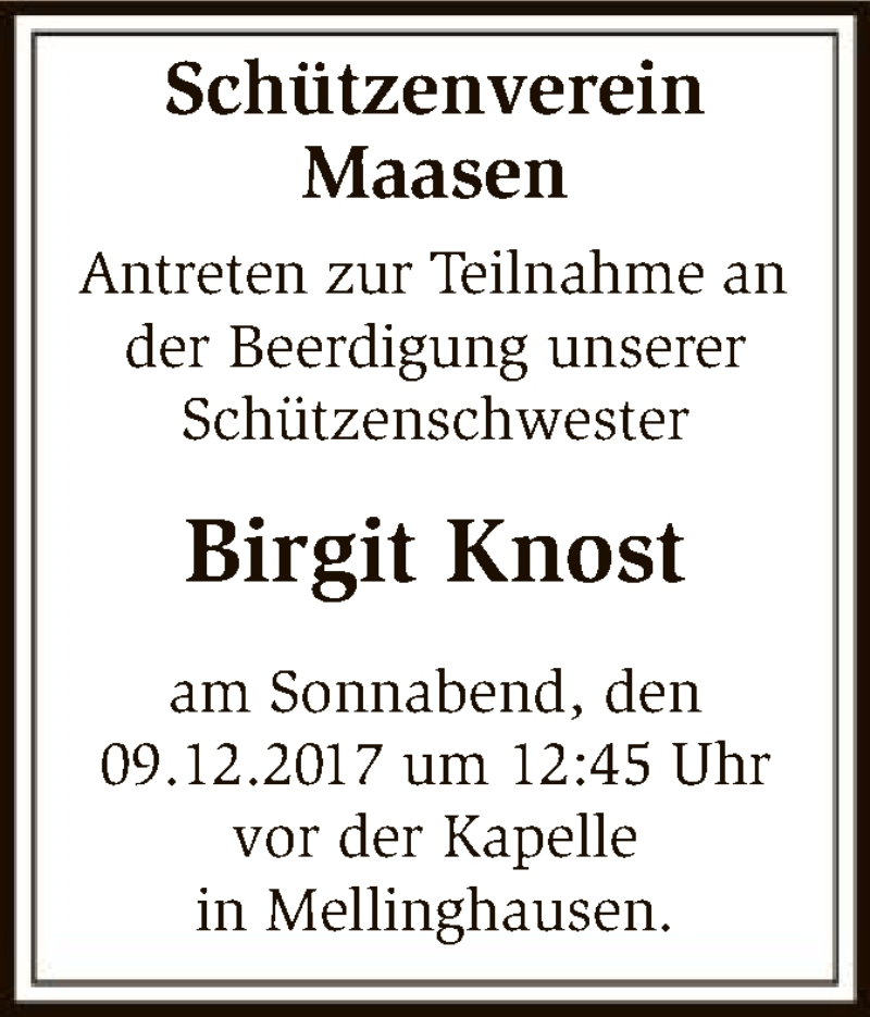 Traueranzeige für Birgit Knost vom 07.12.2017 aus SYK