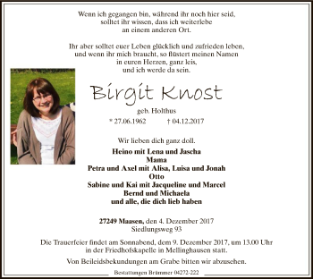 Traueranzeige von Birgit Knost von SYK