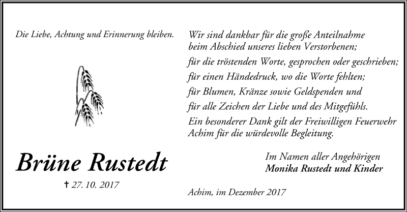  Traueranzeige für Brüne Rustedt vom 09.12.2017 aus SYK