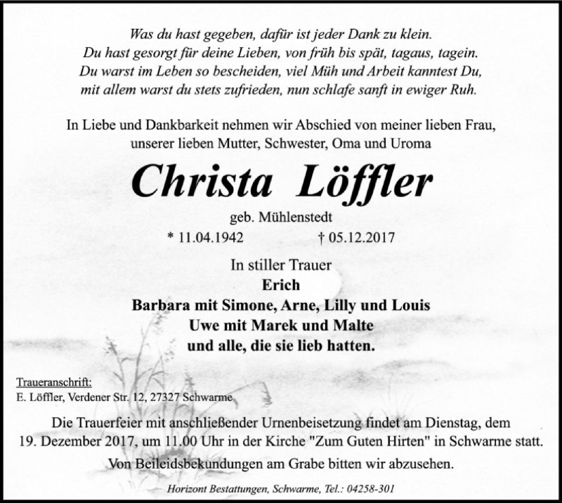  Traueranzeige für Christa Löffler vom 09.12.2017 aus SYK