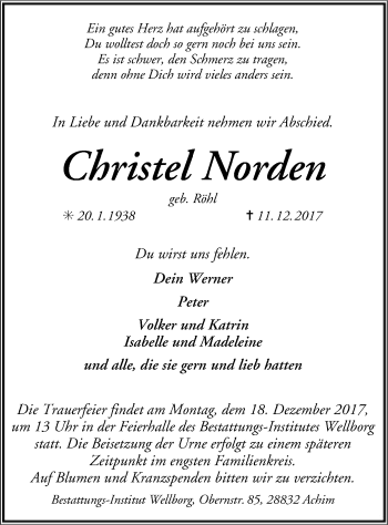 Traueranzeige von Christel Norden von SYK