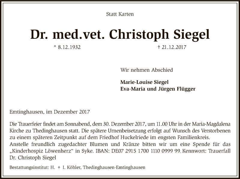  Traueranzeige für Christoph Siegel vom 23.12.2017 aus SYK