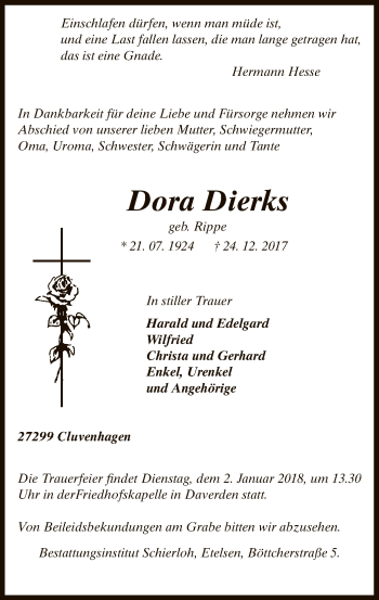 Traueranzeige von Dora Dierks von SYK