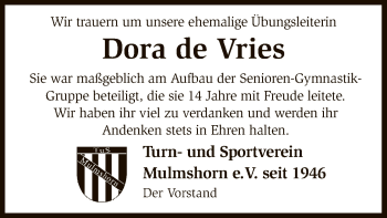 Traueranzeige von Dora de Vries von SYK