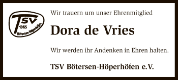 Traueranzeige von Dora de Vries von SYK