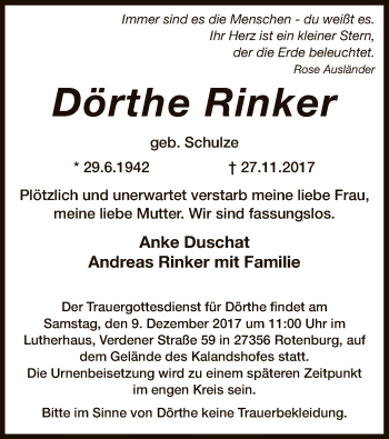 Traueranzeige von Dörthe Rinker von SYK