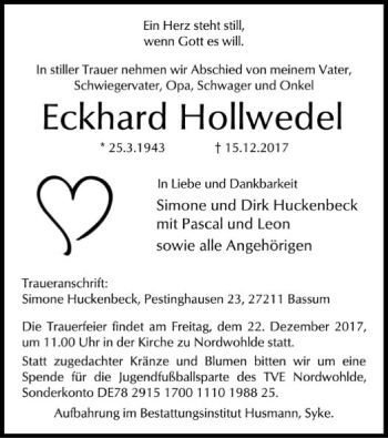 Traueranzeige von Eckhard Hollwedel von SYK