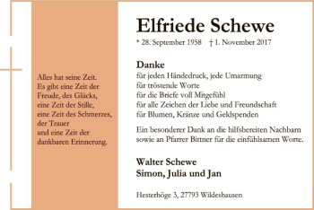 Traueranzeige von Elfriede Schewe von SYK