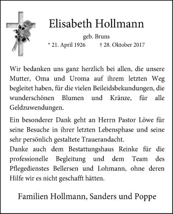 Traueranzeige von Elisabeth Hollmann von SYK