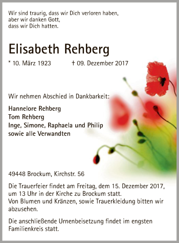 Traueranzeige von Elisabeth Rehberg von SYK