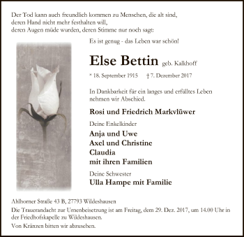 Traueranzeige von Else Bettin von SYK
