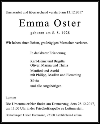 Traueranzeige von Emma Oster von SYK