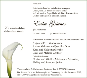 Traueranzeige von Erika Grittner von SYK