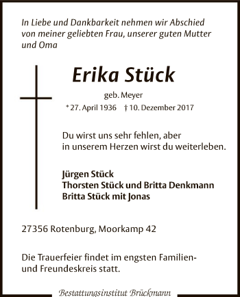 Traueranzeige von Erika Stück von SYK