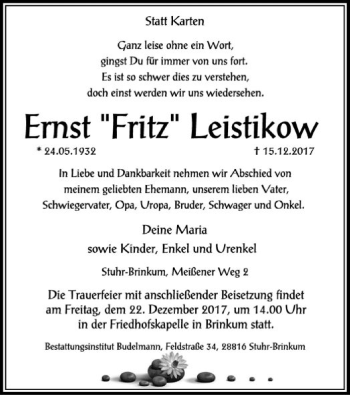 Traueranzeige von Ernst Fritz Leistikow von SYK