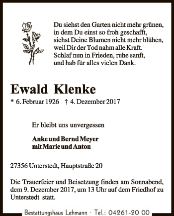 Traueranzeige von Ewald Klenke von SYK