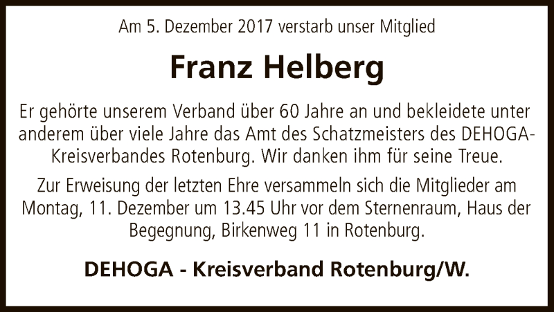  Traueranzeige für Franz Helberg vom 09.12.2017 aus SYK