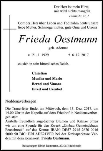 Traueranzeige von Frieda Oestmann von SYK