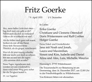 Traueranzeige von Fritz Goerke von SYK
