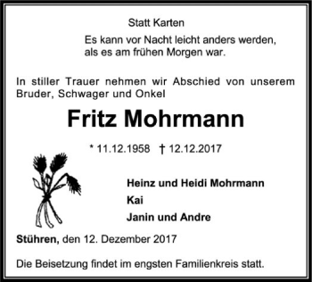 Traueranzeige von Fritz Mohrmann von SYK