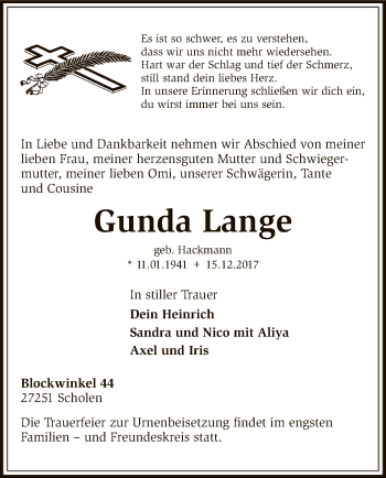 Traueranzeige von Gunda Lange von SYK