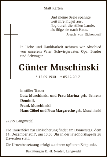 Traueranzeige von Günter Muschinski von SYK