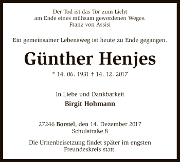 Traueranzeige von Günther Henjes von SYK