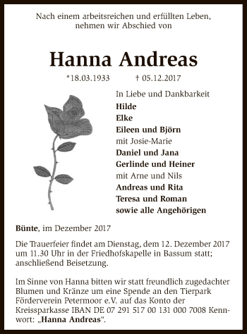 Traueranzeige von Hanna Andreas von SYK