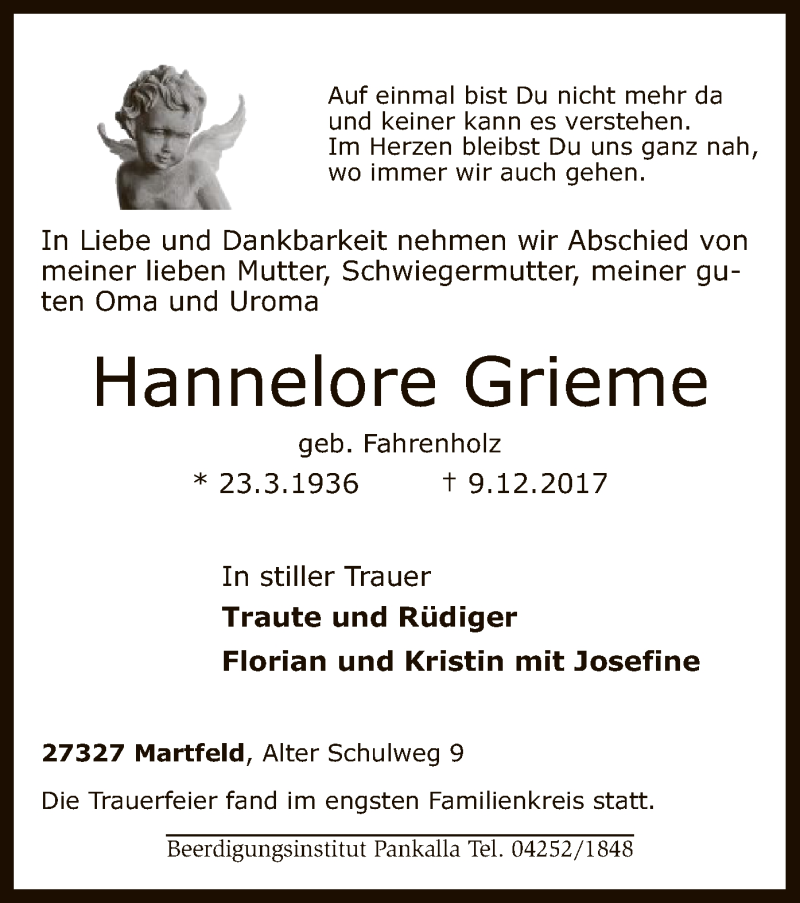  Traueranzeige für Hannelore Grieme vom 15.12.2017 aus SYK