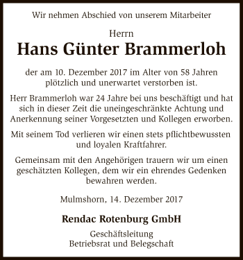 Traueranzeige von Hans Günter Brammerloh von SYK