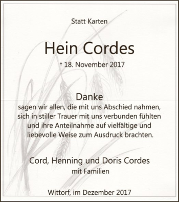 Traueranzeige von Hein Cordes von SYK