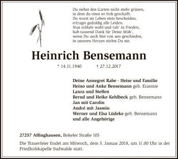 Traueranzeige von Heinrich Bensemann von SYK