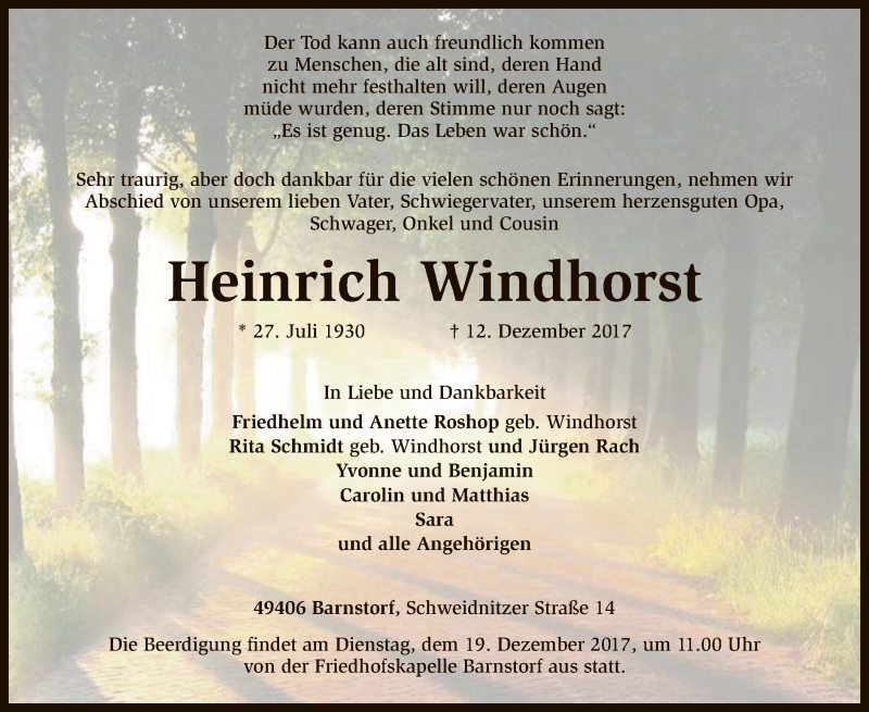  Traueranzeige für Heinrich Windhorst vom 14.12.2017 aus SYK