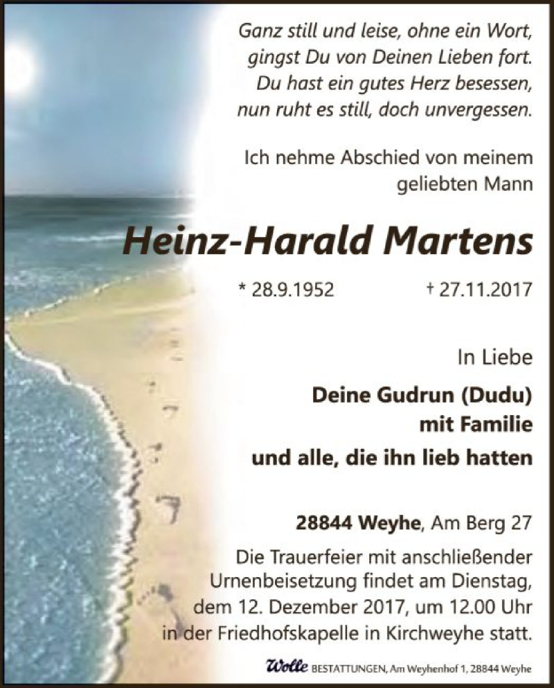  Traueranzeige für Heinz-Harald Martens vom 02.12.2017 aus SYK