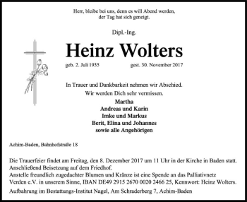 Traueranzeige von Heinz Wolters von SYK