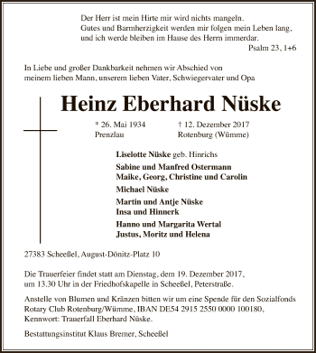 Traueranzeige von Heinz Eberhard Nüske von SYK