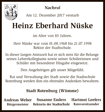 Traueranzeige von Heinz Eberhard Nüske von SYK