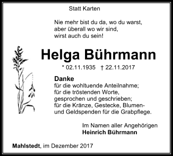 Traueranzeige von Helga Bührmann von SYK