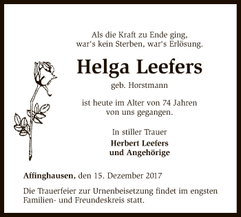 Traueranzeige von Helga Leefers von SYK