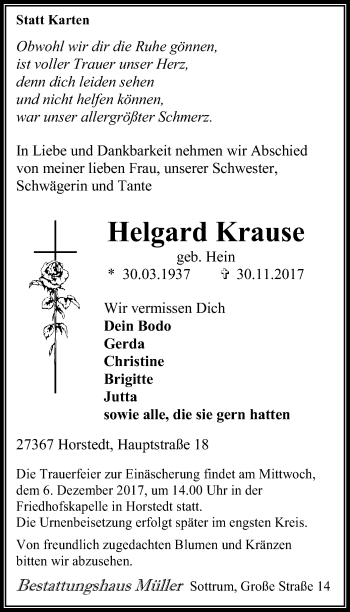 Traueranzeige von Helgard Krause von SYK