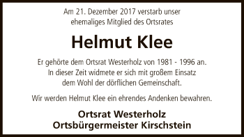 Traueranzeige von Helmut Klee von SYK