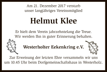 Traueranzeige von Helmut Klee von SYK