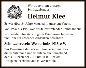 Traueranzeige von Helmut Klee von SYK