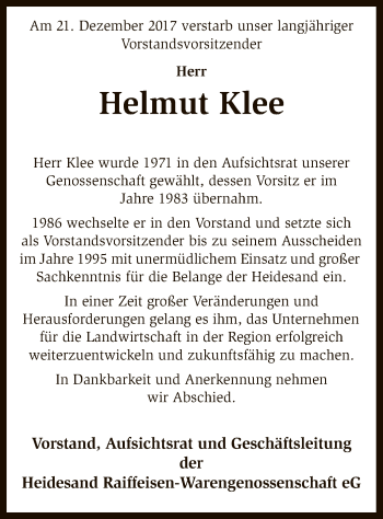 Traueranzeige von Helmut Klee von SYK